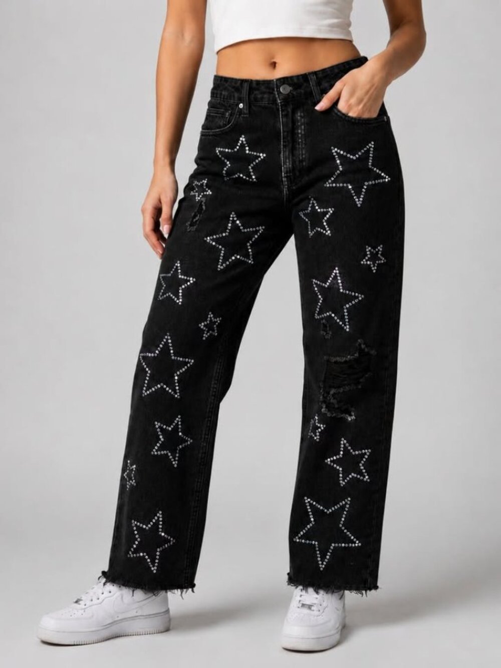 Simple Society Women's Rhinestone Star Black Jeans